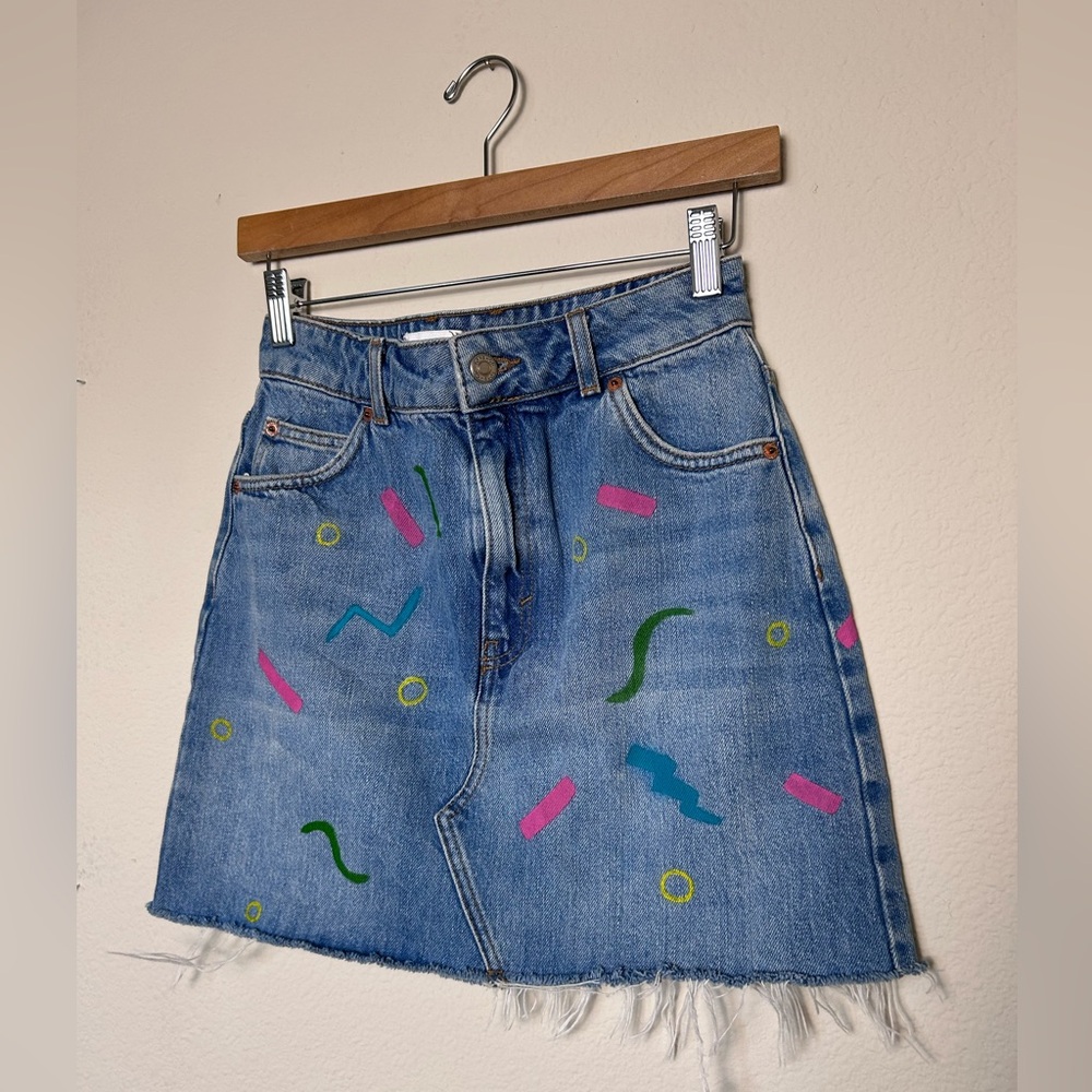 Topshop Cotton Denim Mini Skirt Handpainted Small Unique One of a Kind Squiggles